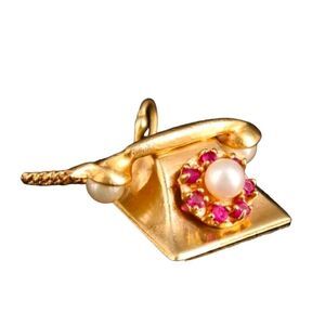 14K gold vintage telephone pendant with ruby and pearl